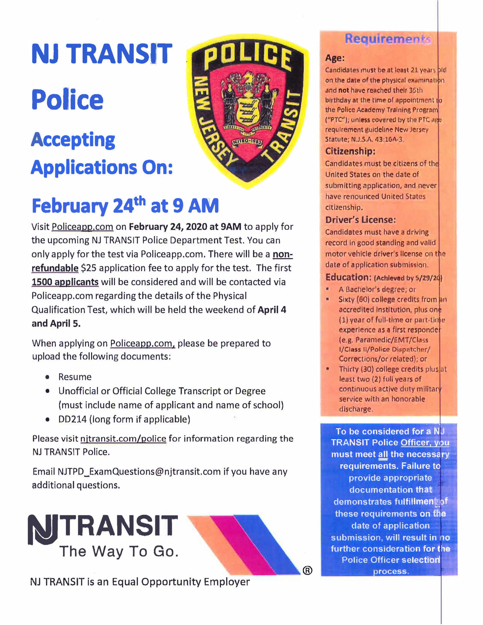 NJ TRANSIT Police Accepting Applications On Mon Feb 24th Bergen County New Jersey American